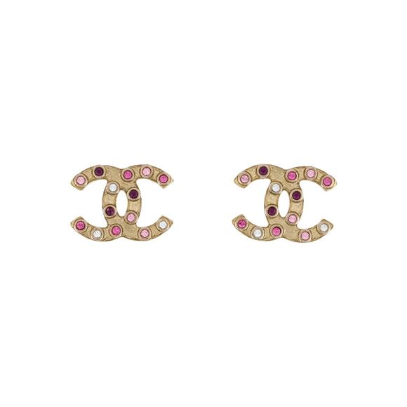 Chanel Gold-tone Pink Strass Interlocking CC Stud Earrings - Picture 1 of 2